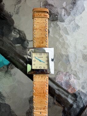 Chico's Square Face Watch with Tan Leather Strap and Blue Hands
